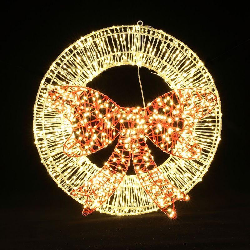 LuxenHome 1.6Ft Round Light Wreath and Red Light Bow Holiday Decoration with Timer Clear