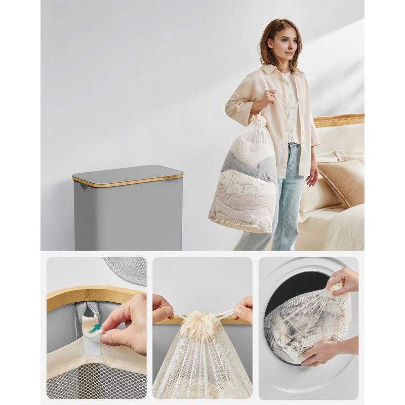 SONGMICS Laundry Hamper with Lid, 2-Section Large Laundry Basket, 34.3-gallon (130L), Removable Mesh Liner, Bamboo Handles, Collapsible, Dove Gray