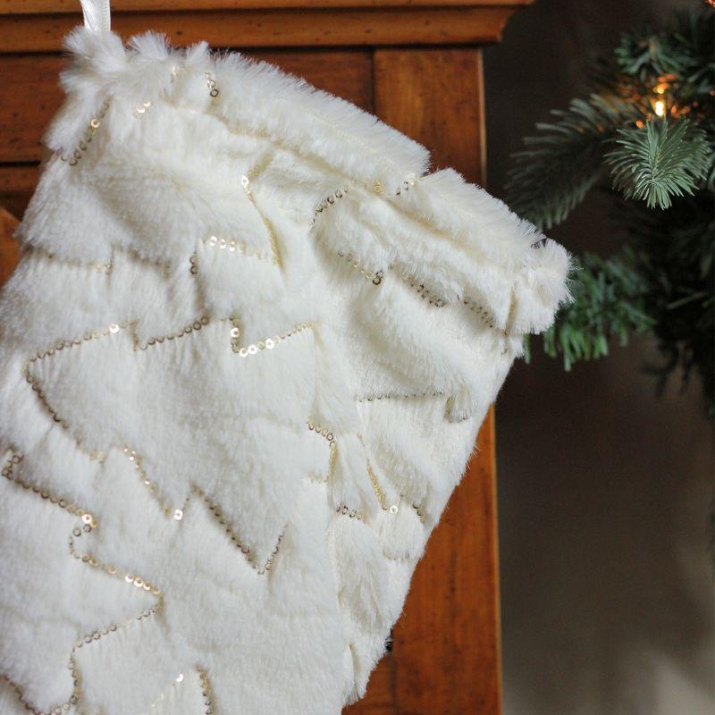 18" White Faux Fur Christmas Stocking with Gold Sequined Trees