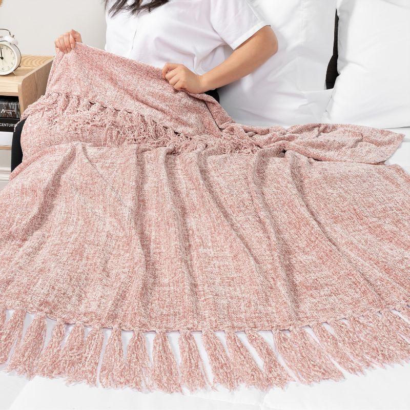 Blush Pink Chenille Knitted Reversible Throw Blanket with Tassel Fringe