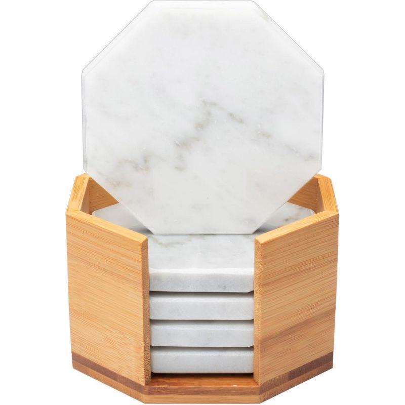 D'Eco White Carrara Marble Coasters w/ Bamboo Holder - Set of 5 - Tabletop Protection- Fits Any Size Wine Glass, Cup, Mug - Great Mother's Day Gift
