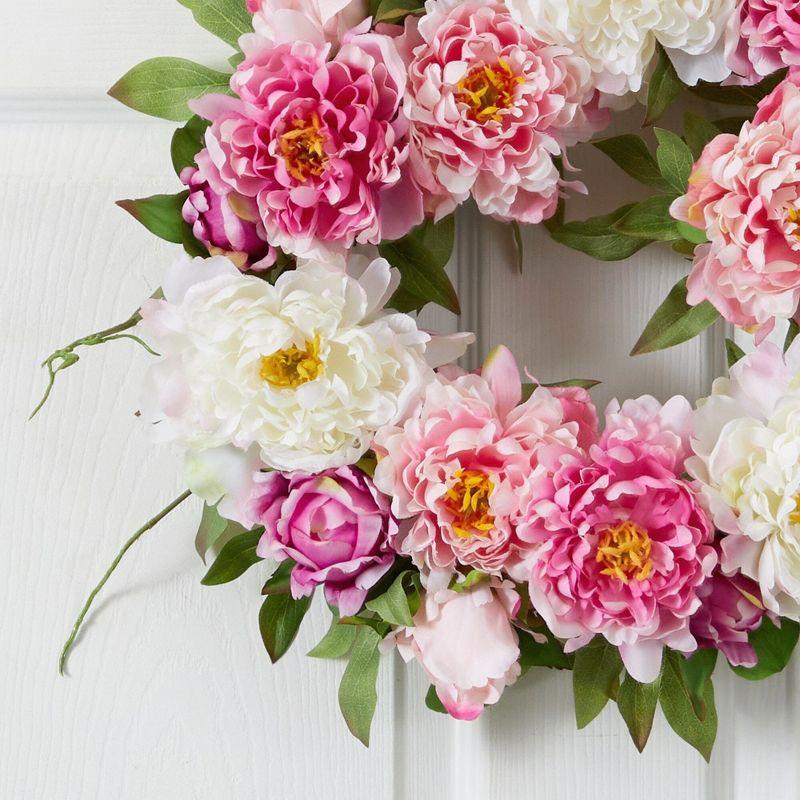 Nearly Natural 22-in Peony Wreath