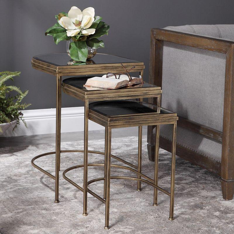 Gold Curved Metal and Glass Nesting Accent Tables, Set of 3