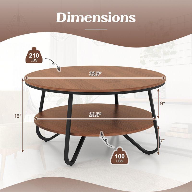 Costway 2-Tier Round Coffee Table with Wood Grain Finish & Heavy-duty Metal Frame