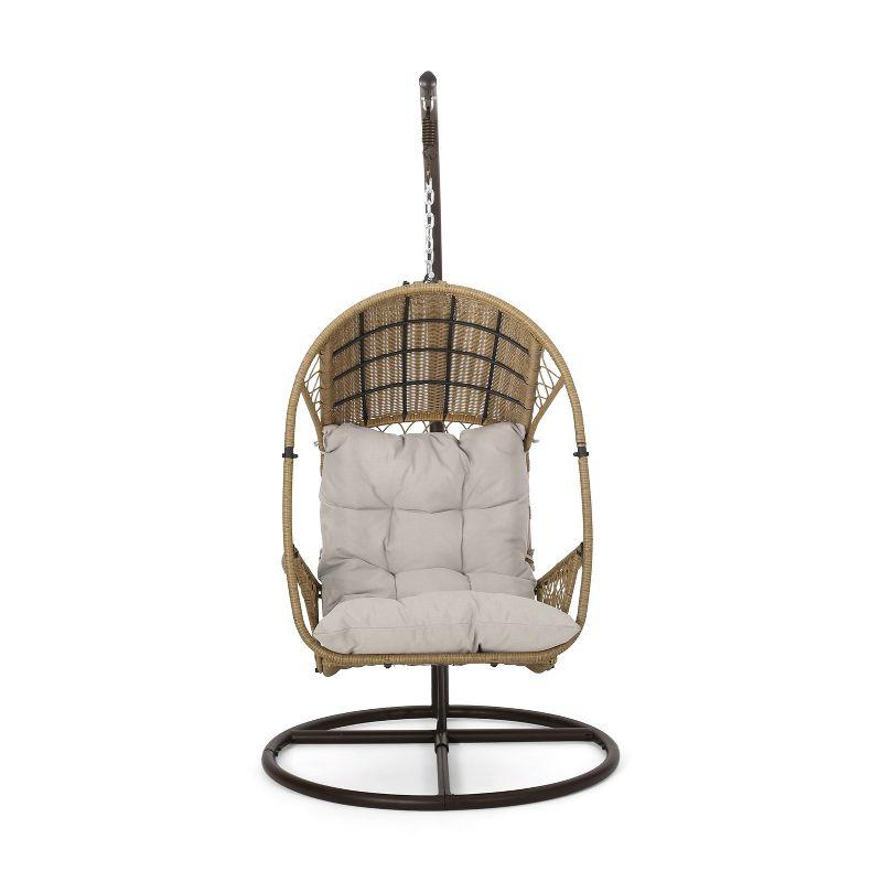 Malia Outdoor Wicker Hanging Chair with Stand Brown/Beige - Christopher Knight Home: Egg Swing with Cushion & Steel Frame
