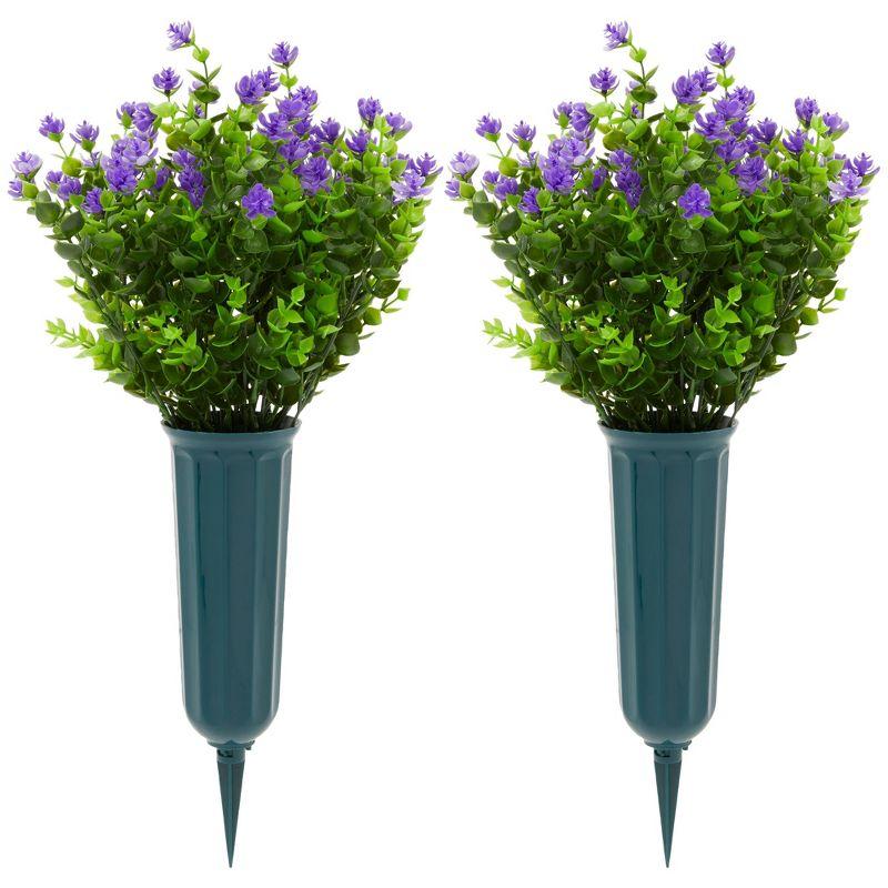 Bright Creations 6 Bundles Purple Artificial Flowers with 2 Cone Vases, Faux Fake Plant for Cemetery, Outdoor Decor (2.9 x 2.9 x 7 In)