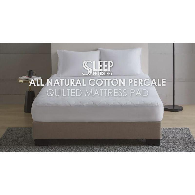 Sleep Philosophy King All Natural Cotton Percale Quilted Mattress Pad White: Cooling, 135 Thread Count, Fits 16" Depth