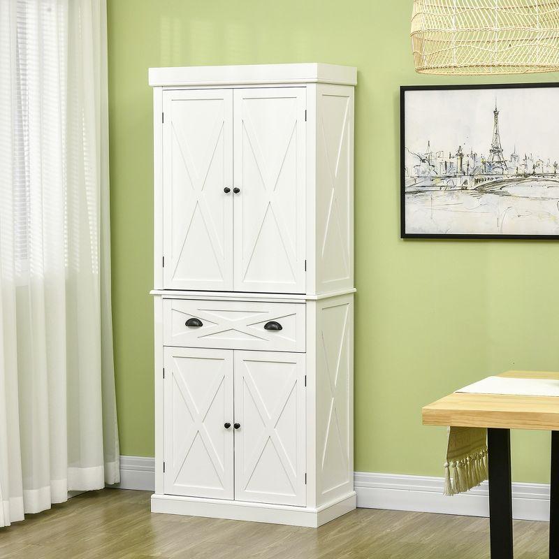 White Freestanding 4-Door Kitchen Pantry Cabinet with Drawer