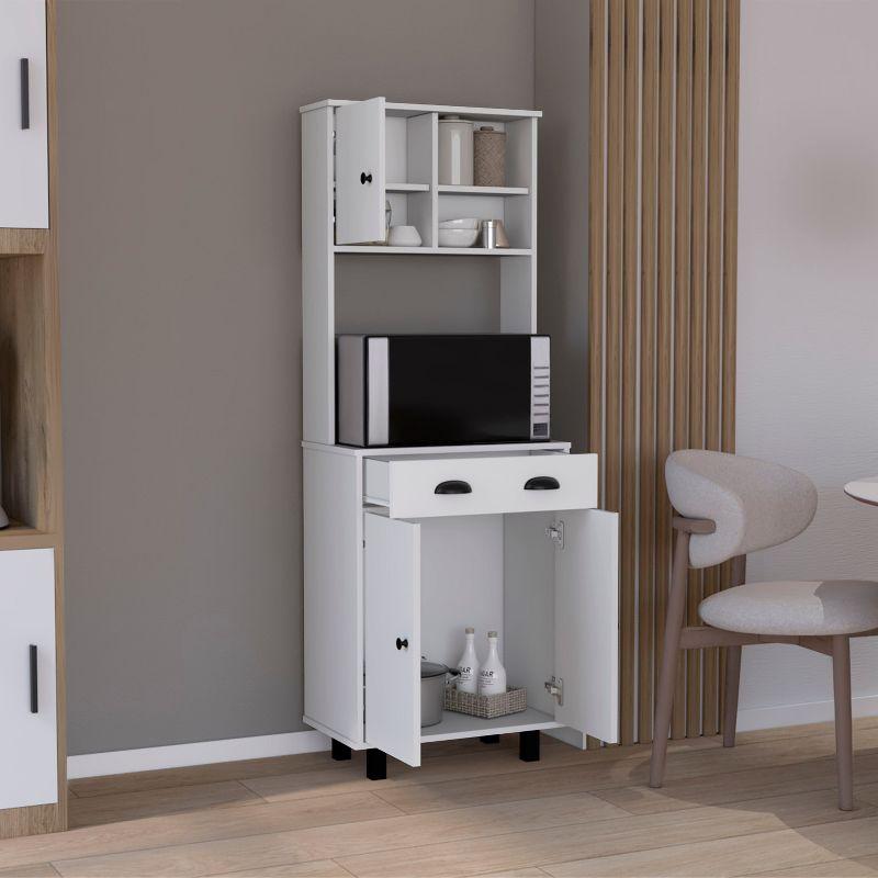 Depot E-Shop Kitchen Pantry 67" H, Two Cabinets, Three Doors, Two Open Shelves, One Drawer, Microwave Storage Option