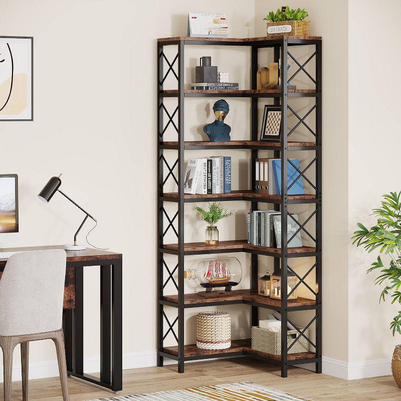 Hommoo 7-Tier Tall Corner Bookshelf Rustic Brown