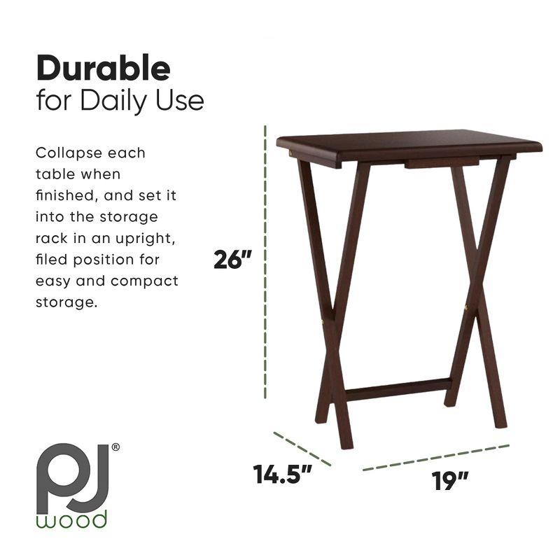 PJ Wood 19.09 x 14.57 x 26.00 Inch Folding TV Tray Tables with Compact Storage Rack, Solid Wood Construction, Walnut Brown Finish, 5 Piece Set