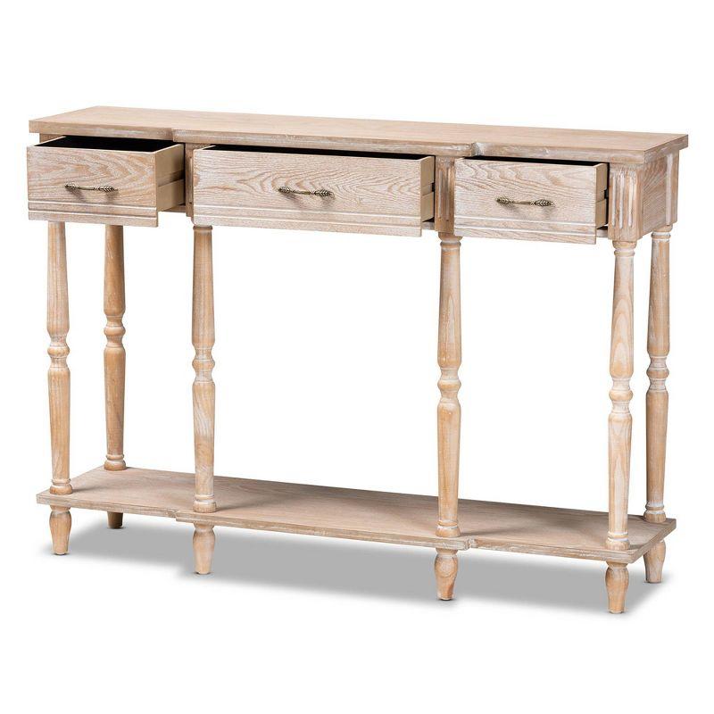 Hallan Wood 3 Drawer Console Table Oak Brown - Baxton Studio: Whitewashed, Antique Gold Tone Pulls, Lower Shelf