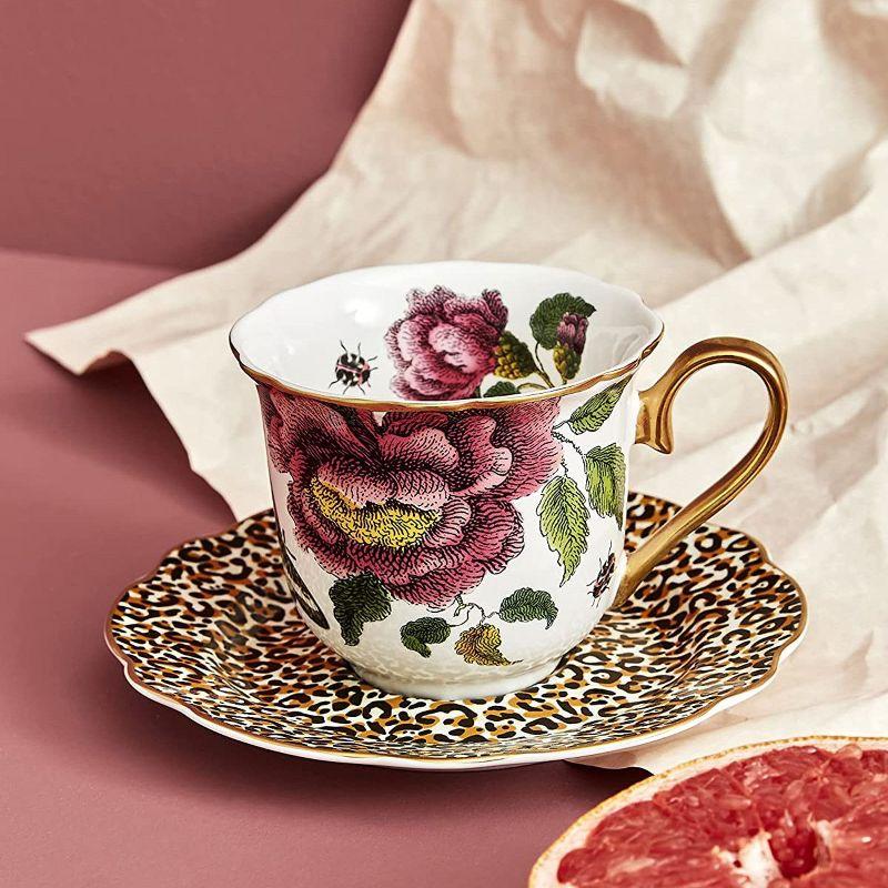 Multicolor Ceramic Teacup and Leopard Print Saucer with Gold Handle