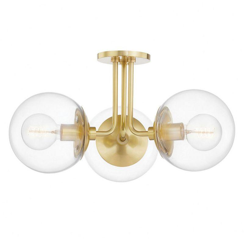 Meadow Transitional 3-Light Semi-Flush Mount in Aged Brass with Clear Globe Shades