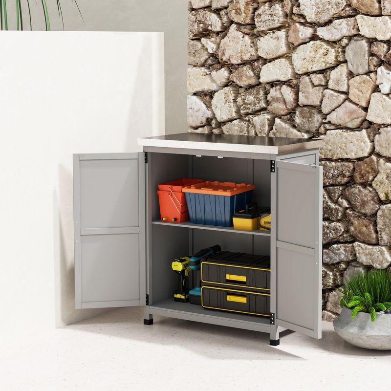 Outsunny Wooden Storage Cabinet, Outdoor Prep Station with Metal Tabletop and Shelf, Patio Storage Cabinet with Double Doors, Gray