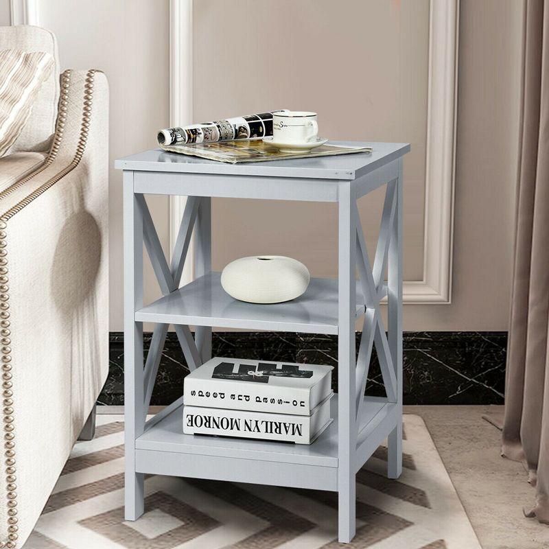 Costway 3-Tier Nightstand End Table X Design Storage Display Shelf Living Room Grey