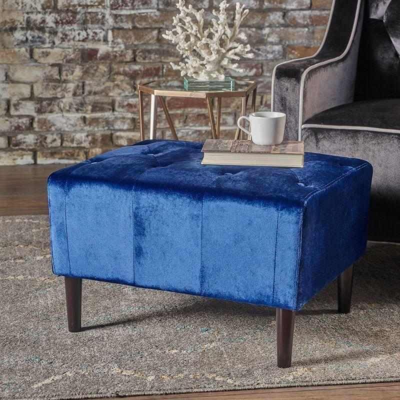 Kimiko Tufted Ottoman Navy - Christopher Knight Home: Modern Velvet Footstool, Wood Frame, Spot Clean