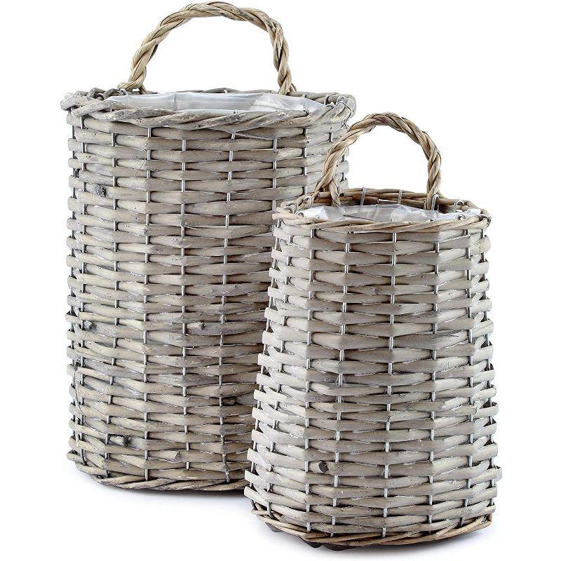 Gray Washed Wicker Oval Hanging Pocket Baskets, Set of 2