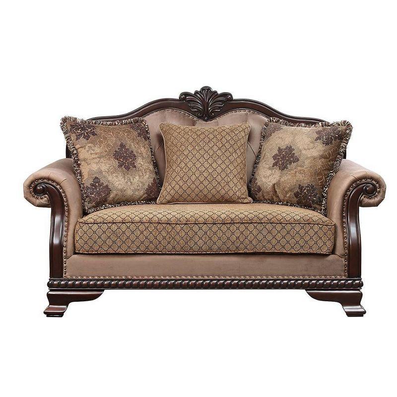 69" Chateau De Ville Fabric Sofa Espresso Finish - Acme Furniture: Carved Wood, Tufted Cushions, Includes 3 Pillows