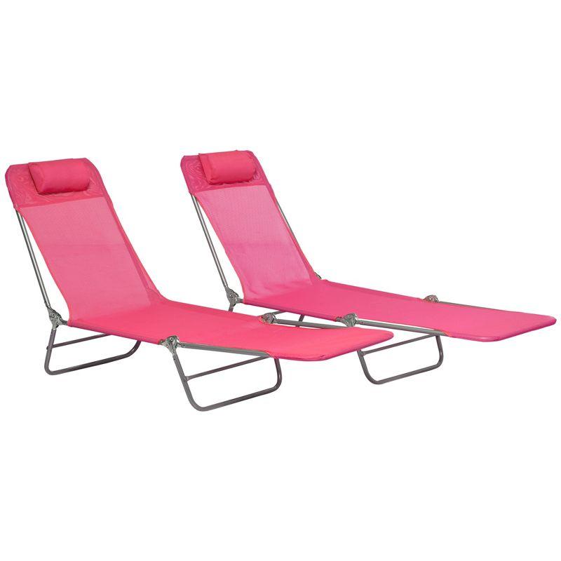 Outsunny Folding Chaise Lounge Pool Chairs, Set of 2 Outdoor Sun Tanning Chairs with Pillow, Five-Position Reclining Back for Beach, Pink