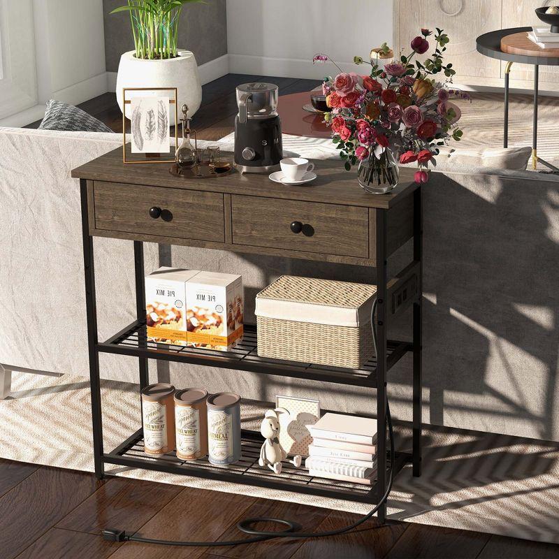 Costway Entryway Table with Charging Station Narrow Console Table with 2 Drawers Brown/Oak