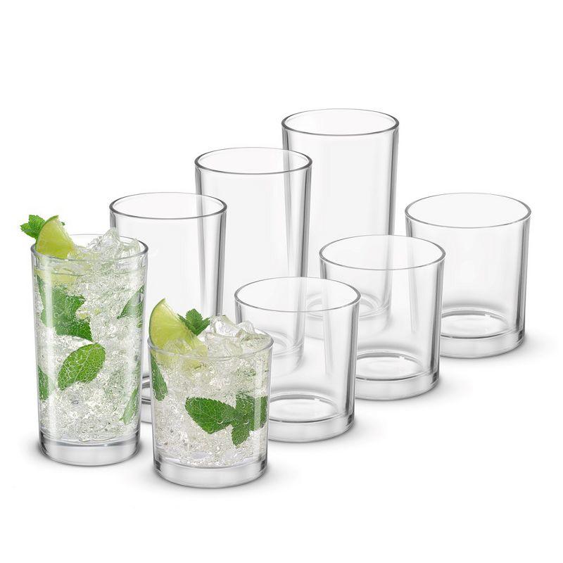 JoyJolt Alain Drinking Glasses Set of 8 Glass Tumblers. Highball 14oz Bar Glasses and Lowball 10oz Rocks Glasses Set