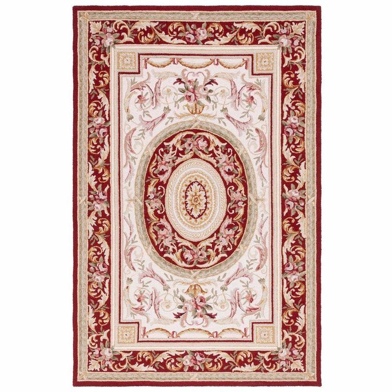 Elegant Ivory and Burgundy Floral Wool Area Rug 5'3" x 8'3"