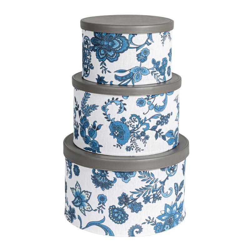 Floral Nestable Hat Boxes with Faux Leather Lids, Cream and Blue, Set of 3