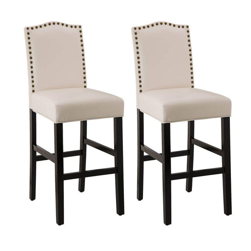 Set of 2 Leatherette PU Barstools with Studded Decor Off White - Glitzhome: Rubberwood Frame, Footrest, Modern Style