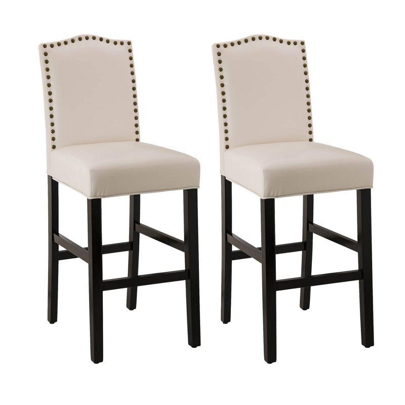 Set of 2 Cream White Leatherette Studded Barstools with Wood Legs