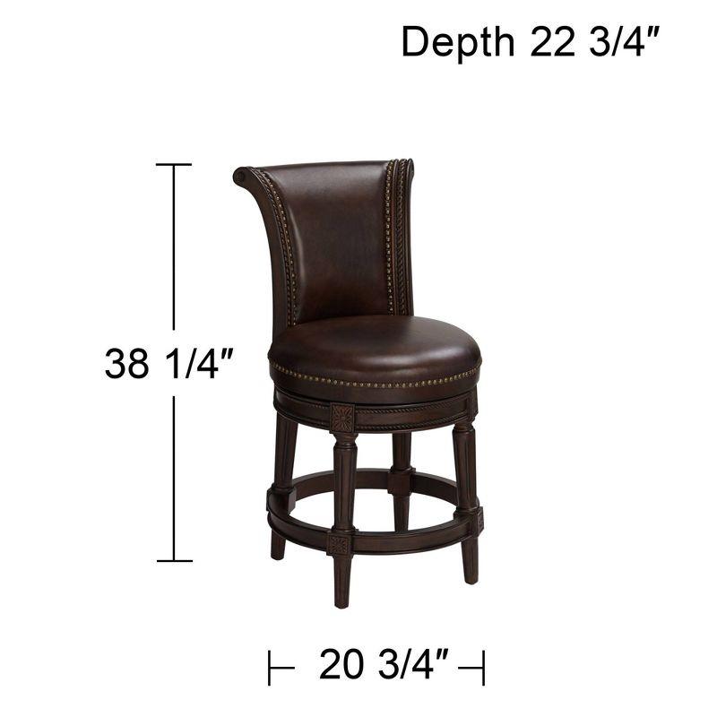 Espresso Leather & Walnut Swivel Bar Stool with Brass Accents