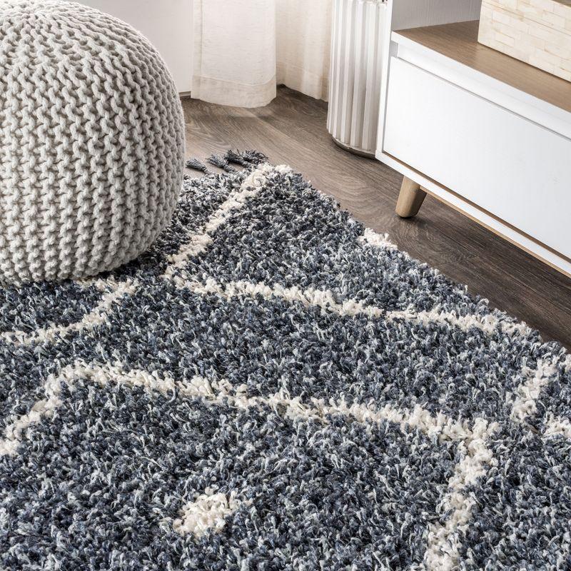 4'x6' Mercer Shag Plush Tassel Moroccan Diamond Area Rug, Denim/Cream - JONATHAN Y
