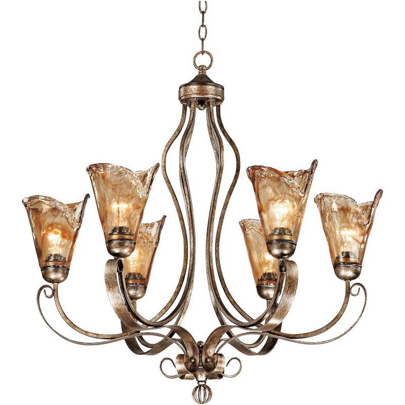 Franklin Iron Works Amber Scroll Golden Bronze Large Chandelier 31 1/2" Wide Rustic Art Glass 6-Light Fixture for Dining Room House Kitchen Island