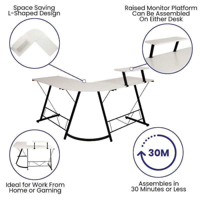 Sleek 71.5" White Laminate and Black Metal L-Shaped Gaming Desk with Monitor Stand