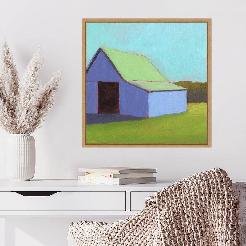 Homestead Barn I Light Green and Blue Canvas Print with Maple Frame