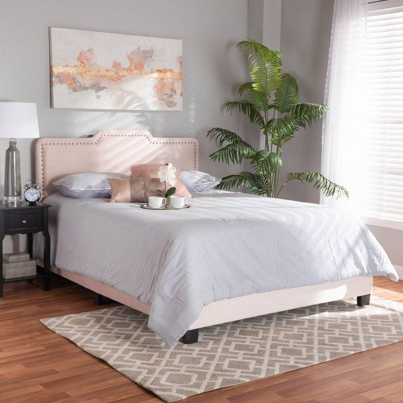 Luxurious Light Pink Velvet Full Bed with Nailhead Trim and Upholstered Headboard