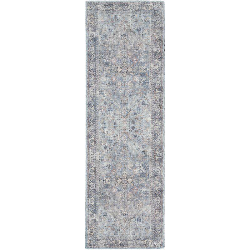 Light Grey/Blue Floral Cotton Chenille Reversible Area Rug 2'2" x 8'