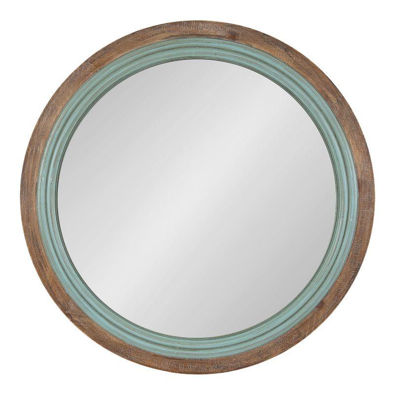 Rustic Blue and Brown Round Wood Bathroom Vanity Mirror