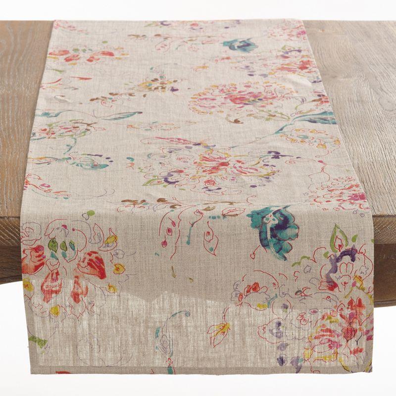 Beige Linen Floral Print Table Runner, 15" x 72"