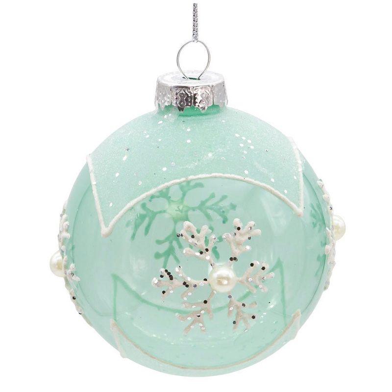 Teal Glass Snowflake Sequin Christmas Ball Ornament Set of 6