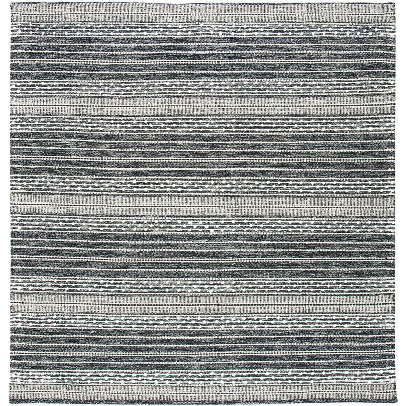 Boho-Chic Black and Ivory Striped Kilim 3' Square Wool-Cotton Rug