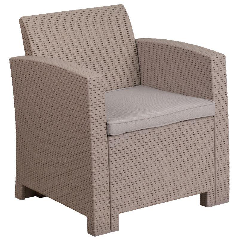 Contemporary Patio Armchair with Light Gray Cushions and Plastic Feet