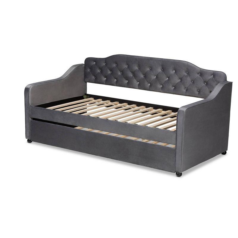 Twin Freda Velvet Fabric Upholstered Button Tufted Daybed with Trundle Gray - Baxton Studio: Mid-Century Modern, No Box Spring Required