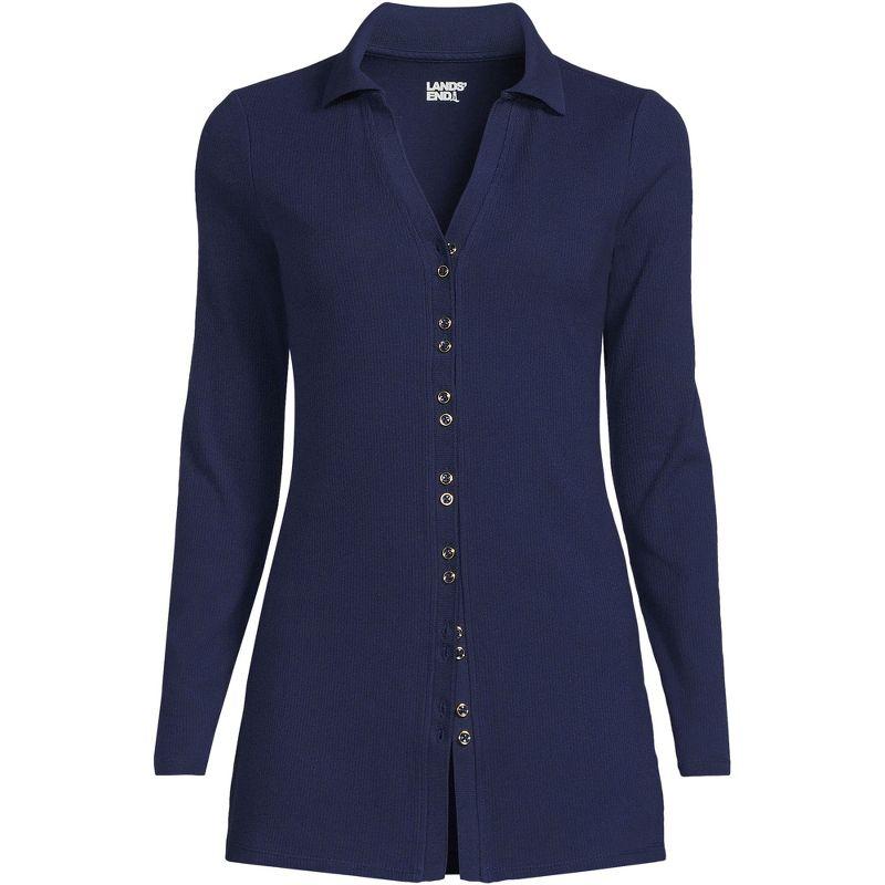 Lands' End Women's Long Sleeve Polished Rib Button Through Tunic Shirt - X-Small - Deep Sea Navy