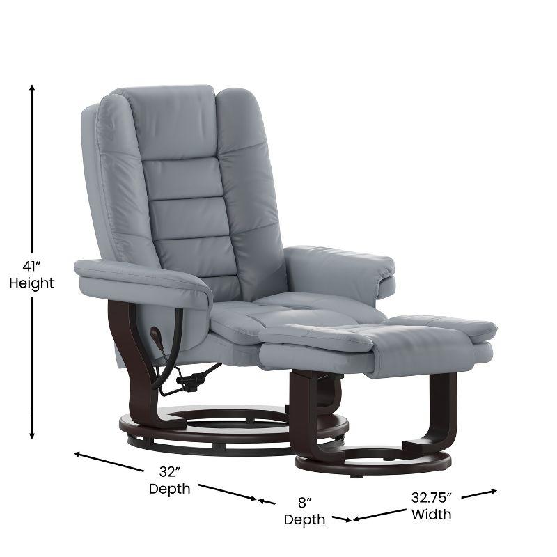 Flash Furniture Bali Contemporary Multi-Position Recliner with Horizontal Stitching and Ottoman with Swivel Mahogany Wood Base in Gray LeatherSoft