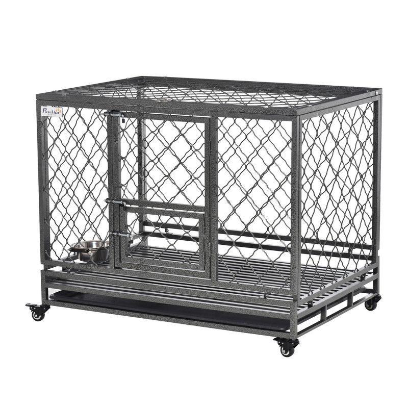 PawHut 42.5" Heavy Duty Dog Crate Metal Kennel and Cage Dog Playpen with Lockable Wheels, Slide-out Tray, Food Bowl and Double Doors