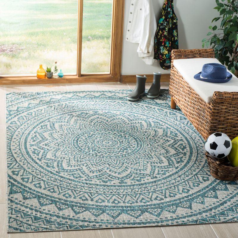 Courtyard CY8734 UV & Stain Resistant Non-Shedding Power Loomed Indoor/Outdoor Accent Rug - Light Grey/Teal - 4'x5'7" - Safavieh