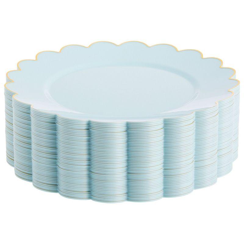 Sparkle and Bash 50-Pack Baby Blue Disposable Plates - Scalloped Plastic Plates with Gold Foil Rim for Birthday Party, Baby Shower (9 In)