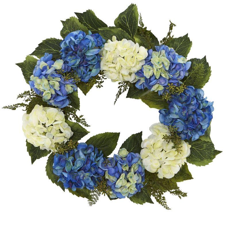 Springtime Blossom 16.5" Blue and White Hydrangea Artificial Wreath