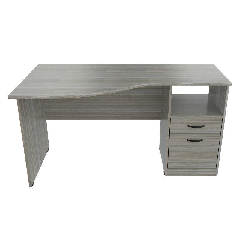 Curved Top Desk Smoke Oak - Inval: MDF Composite Office Table with File Drawer & Open Storage Shelf